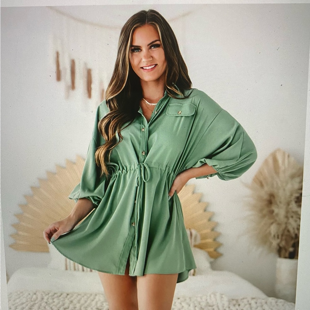 Besotted with you button down drawstring waist mini dress (dusty green)